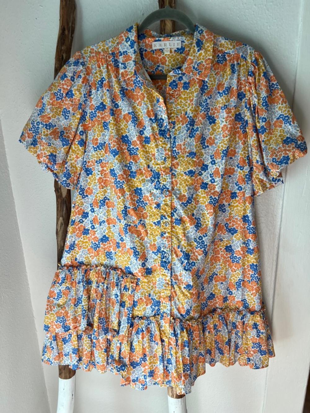 Karlie Floral Button-Down Cotton Ruffle Short Sleeve Dress Orange, White Blue M